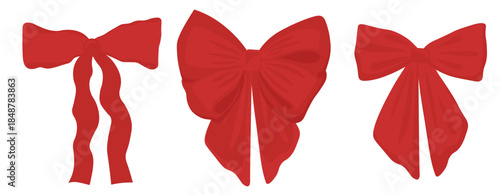 hand drawn red bows,  ribbons. Isolated elements on white background. Bundle of various bows in flat style for celebration designs. Vector set clipart.