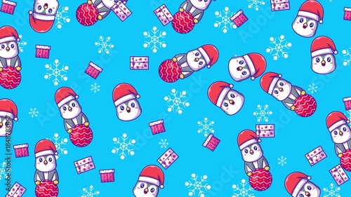 Penguins, snowflakes, and gifts in a cheerful winter scene. Ideal for festive holiday designs on various media channels.