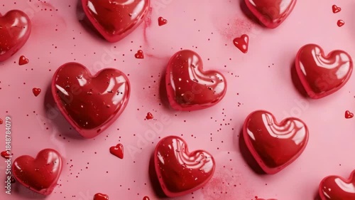 Delicious heart-shaped cookies decorated with edible hearts on pink background. Perfect for Valentine's Day celebrations.