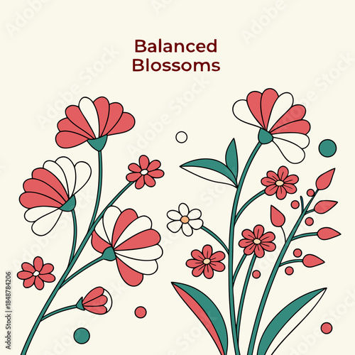 Red and white flowers with green stems on cream background