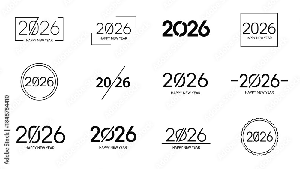 Obraz premium 2026 Happy New Year minimalist logo collection, modern black and white typography set, creative numbers for holiday branding and design.