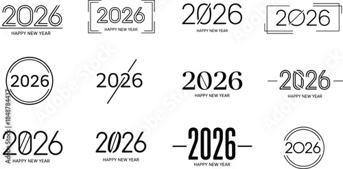 2026 Happy New Year minimalist logo collection, modern black line typography set, creative numbers for holiday branding and annual event design.