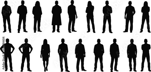 Set of diverse people silhouettes standing in different poses for architectural visualization cad drawing flat vector illustration isolated on white background