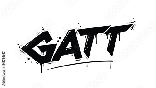 Black and white GATT graffiti tag lettering with spray paint drips and splatter effect isolated on a plain white background