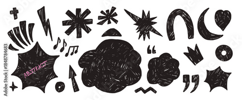 Abstract geometric doodle stickers. Kids figures hand drawn scribbles set. Music note, clouds, bang text boxes asterisk, stars, heart stickers. Vector naive black illustration isolated no background.