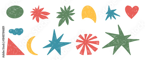 Chalk kids naive geometric doodle elements shapes. Playful kindergarten triangles, stars, oval abstract elements. Funky colorful sticker figures, pencil strokes and childish doodle for vector design.