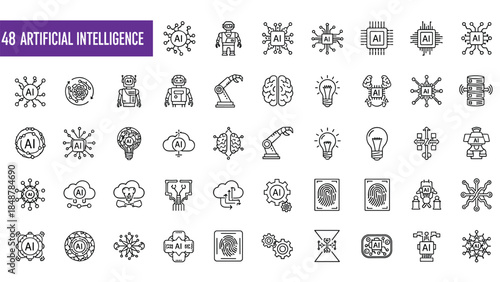 Artificial Intelligence line icon set featuring machine learning robots, neural networks, brain technology, futuristic processor chips, automated robotic arms and digital deep learning symbols.