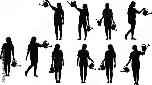 Set of woman gardener silhouettes holding watering cans in different poses for backyard gardening architectural visualization cad drawing flat vector illustration