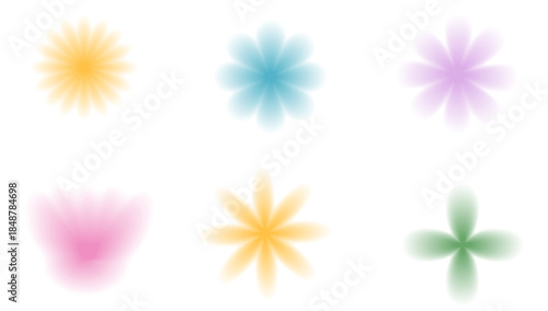 Flower y2k icons with blur gradient vibrant colors. Aura texture floral symbols shapes set. Pink, green and purple gradation summer sign set. Vector simples flowers forms isolated on white background.