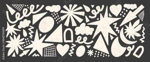 Chalk kids geometric doodle elements shapes. Playful stars, flower, grid abstract kindergarten elements. Funky retro sticker figures, white pencil strokes, and childish doodle for vector design.