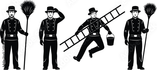 Chimney sweep worker silhouette set, vintage professional cleaner holding broom and ladder, traditional Victorian service man maintenance vector illustration collection.