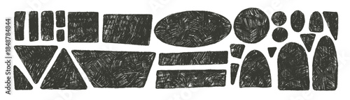 Black linocut geometric shapes with grunge hand drawn noise. Ink rolled text boxes grainy textured frames set. Trapezium, rectangle crayon callouts geometry figures. Vector grunge scribble pen sticker