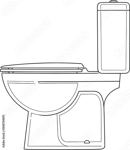Side view outline of a standard ceramic toilet bowl with water tank, bathroom furniture symbol, sanitary equipment, cad drawing flat vector illustration