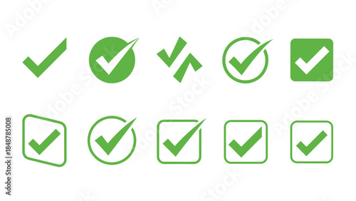 Green check mark icon set for approval, successful completion symbols, correct choice signs, and verified task checkmarks in various geometric styles.