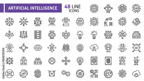 Forty eight artificial intelligence line icons set featuring robots neural networks machine learning smart brains and digital technology for futuristic design