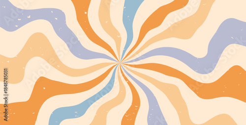 Wrinkled paper with swirl hypnosis colorful starburst background. Retro spiral blue, yellow and orange rays abstract illustration. Vector wavy retro decoration. Sunburst textured 70s pop art design.