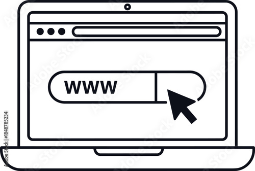 Laptop computer icon with web browser window, internet search bar www text, mouse cursor click, online technology symbol, vector illustration line art design