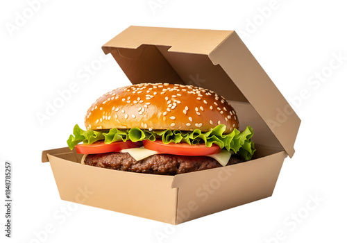Delicious burger in a cardboard box isolated on transparent background