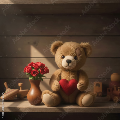 plush teddy bear with a red heart and a vase of red roses on a rustic wooden shelf with toys