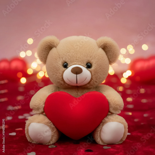 plush teddy bear with a red heart on a velvet background with bokeh lights and confetti