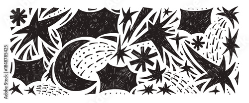 Space stars and bang text box charcoal abstract geometric shapes background set. Twinkle, moon freeform abstract hand drawn doodle figures. Linocut star spark , twinkle shape. Vector illustration.