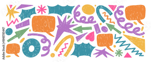 Crayon geometric shapes with speech bubbles. Playful naive bang and promo text boxes. Hand drawn abstract elements with textured brush strokes. Childish vector doodle figures for creative designs.