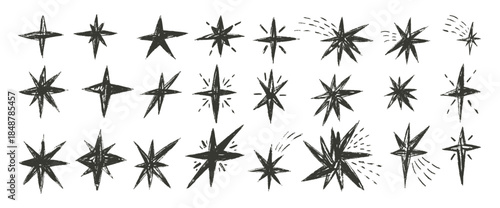 Hand drawn stars icons. Twinkles set black pencil spark. Handmade scribble magic twinkles collection. Kids paint stickers blinks. Christmas simple decoration. Vector asterisk elements isolated.