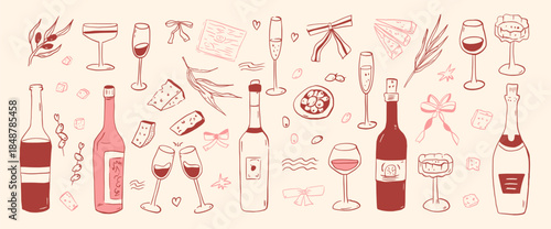Wine and cheese whimsical coquette doodle set with bottle, glass. Hand-drawn sketches for party menu, restaurant designs, or wine-tasting event. Vector red, pink wineglasses isolated on beige bg.