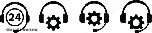 Technical support headset icon set with gear and twenty four hour sign, customer service call center symbol, vector illustration flat design graphic