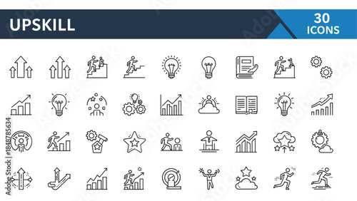 Thirty professional upskill line icons set featuring career growth training personal development success arrows books and lightbulbs for business education