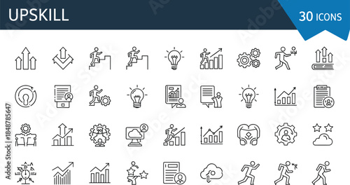 Upskill line icon set featuring professional career growth, self improvement, personal development, leadership training, rising arrows, and business education vector collection.