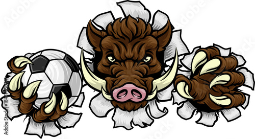 A wild boar, hog razorback warthog pig mean tough cartoon sports mascot holding a soccer football ball