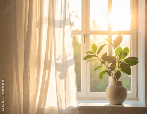 Calm spring morning atmosphere with soft sunlight through window, white sheer curtain, and indoor green plant. Minimal home lifestyle scene with warm natural light and copy space.