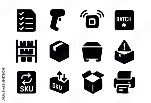 A collection of black silhouette icons representing various aspects of logistics, warehouse operations, and inventory management, including scanning, tracking, and storage elements — stock vector.