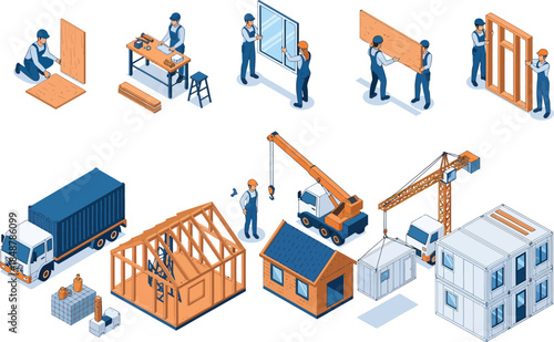 Modular home construction process with workers and equipment