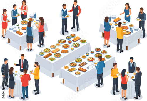 Diverse group of people standing around and socializing at a buffet table with various food options