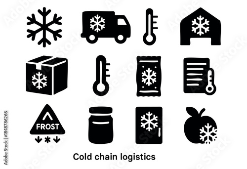 A comprehensive set of black and white glyph icons representing cold chain logistics, including transport, storage, temperature control, and frozen goods — stock vector.