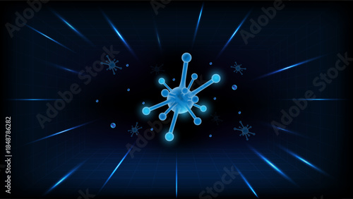 Abstract 3D virus structure floating in dark futuristic space, symbolizing infection, microbiology and medical science