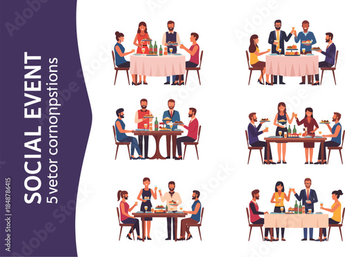 People networking and socializing in small groups at a conference or party with tables and discussions