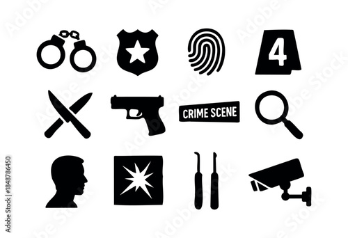 A collection of black silhouette icons representing elements of crime, law enforcement, and forensic investigation, isolated on a white background — stock vector.