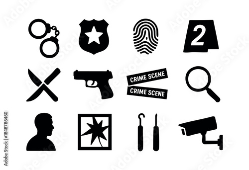 A comprehensive collection of black silhouette icons representing crime investigation, law enforcement, and forensic science elements, isolated on a white background — stock vector.