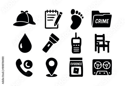 A comprehensive set of twelve black glyph icons representing various tools and concepts essential for crime investigation and detective work, isolated on a white background — stock vector.