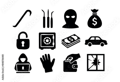 A collection of black silhouette icons depicting various elements of crime, theft, security, and illegal activities such as burglary, hacking, and robbery — stock vector.