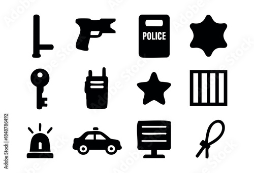 A collection of black silhouette icons depicting various police equipment, security elements, and justice symbols on a clean white background — stock vector.