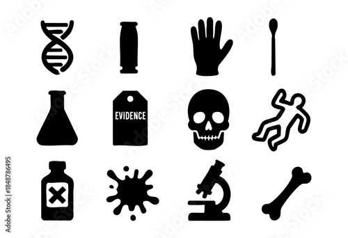 A collection of black silhouette icons representing forensic science, crime scene investigation, and evidence analysis elements — stock vector.