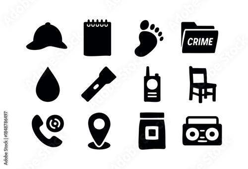 A collection of black silhouette icons depicting essential tools and elements for crime investigation and detective work, isolated on a white background — stock vector.