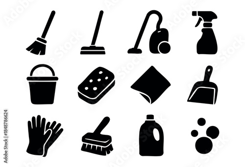 A comprehensive set of black silhouette icons depicting various essential cleaning tools and supplies for home and professional use — stock vector.
