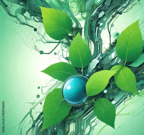Eco technology illustration, green leaves interacting with water droplets and digital circuits