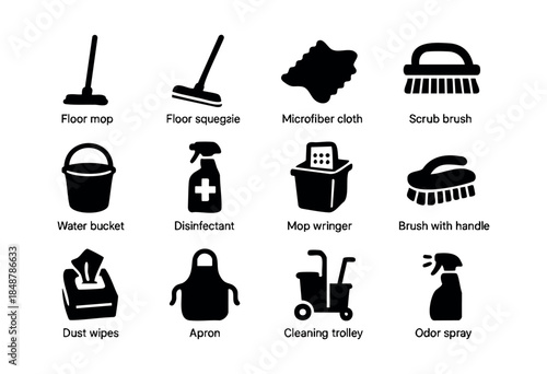 A comprehensive set of black silhouette icons representing various cleaning tools, equipment, and supplies for household and professional use on a white background — stock vector.