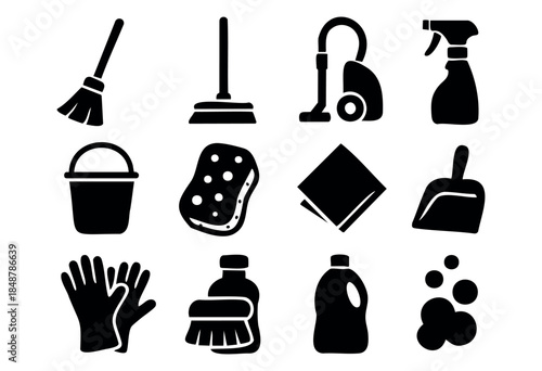 A comprehensive collection of essential household cleaning tools and supplies presented as black silhouette icons on a white background — stock vector.